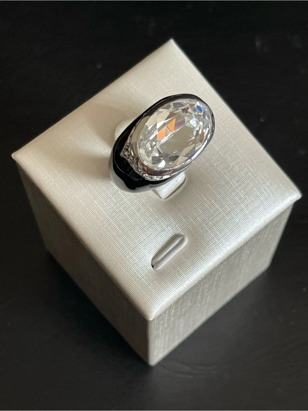 Vintage black enamel & Clear Oval Crystal Cocktail Ring.